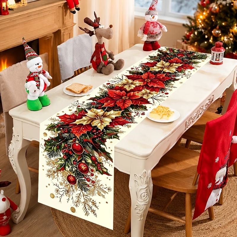 1pc Christmas Table Runner – Vintage Poinsettia & Holly Berry Printed Polyester Table Decor for Holiday Dining - Image 4