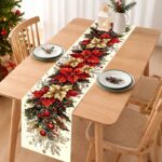 1pc Christmas Table Runner – Vintage Poinsettia & Holly Berry Printed Polyester Table Decor for Holiday Dining - Image 5