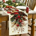 1pc Christmas Table Runner – Vintage Poinsettia & Holly Berry Printed Polyester Table Decor for Holiday Dining - Image 6