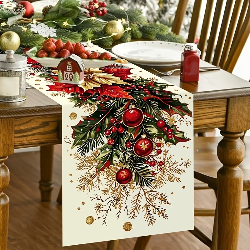 1pc Christmas Table Runner – Vintage Poinsettia & Holly Berry Printed Polyester Table Decor for Holiday Dining - Image 6