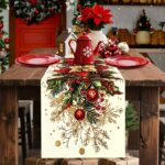 1pc Christmas Table Runner – Vintage Poinsettia & Holly Berry Printed Polyester Table Decor for Holiday Dining - Image 7