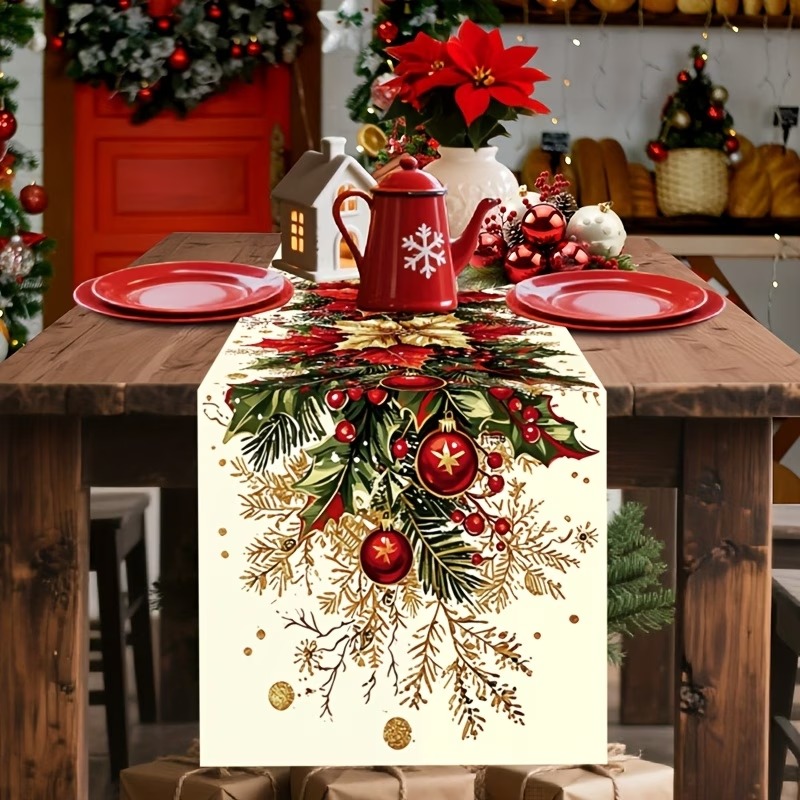 1pc Christmas Table Runner – Vintage Poinsettia & Holly Berry Printed Polyester Table Decor for Holiday Dining - Image 7