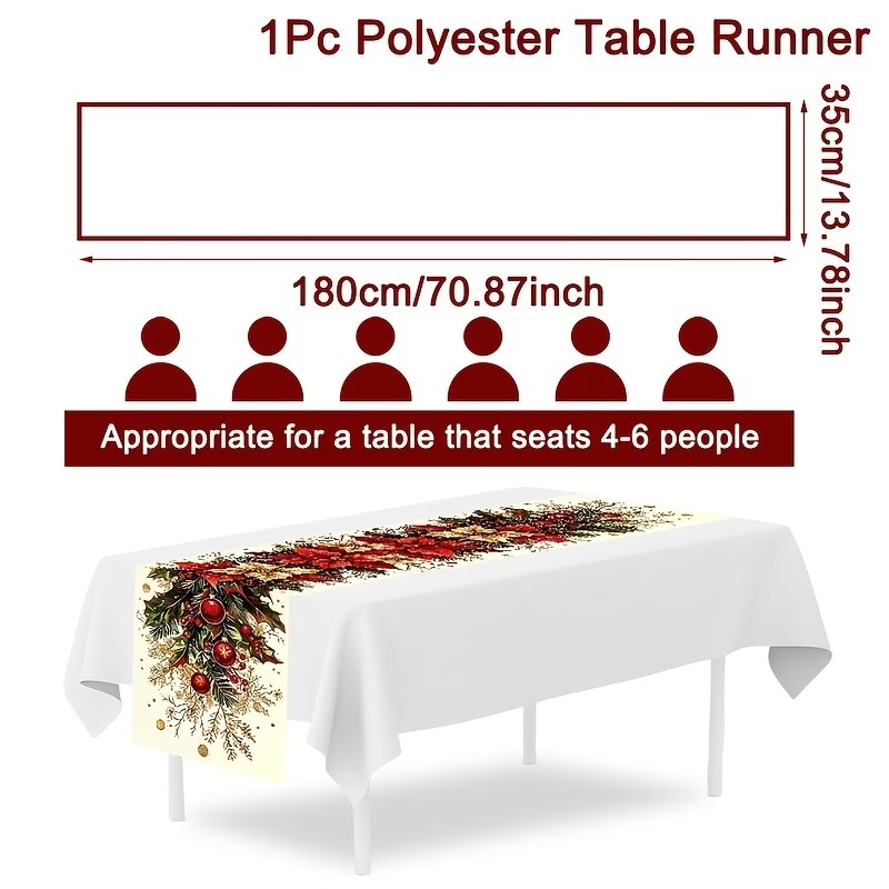 1pc Christmas Table Runner – Vintage Poinsettia & Holly Berry Printed Polyester Table Decor for Holiday Dining - Image 8