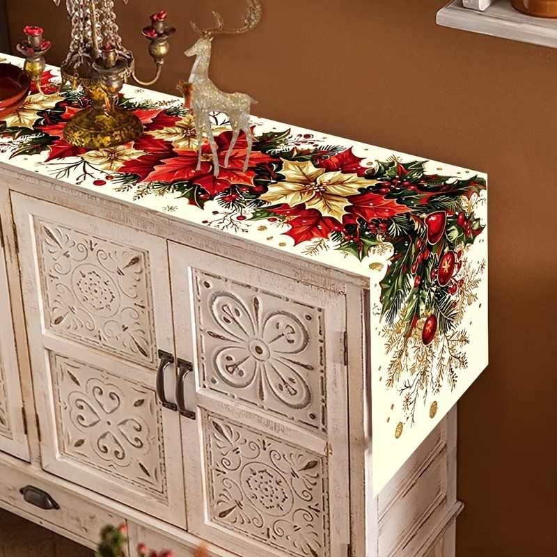 1pc Christmas Table Runner – Vintage Poinsettia & Holly Berry Printed Polyester Table Decor for Holiday Dining - Image 9