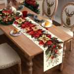 1pc Christmas Table Runner – Vintage Poinsettia & Holly Berry Printed Polyester Table Decor for Holiday Dining - Image 10