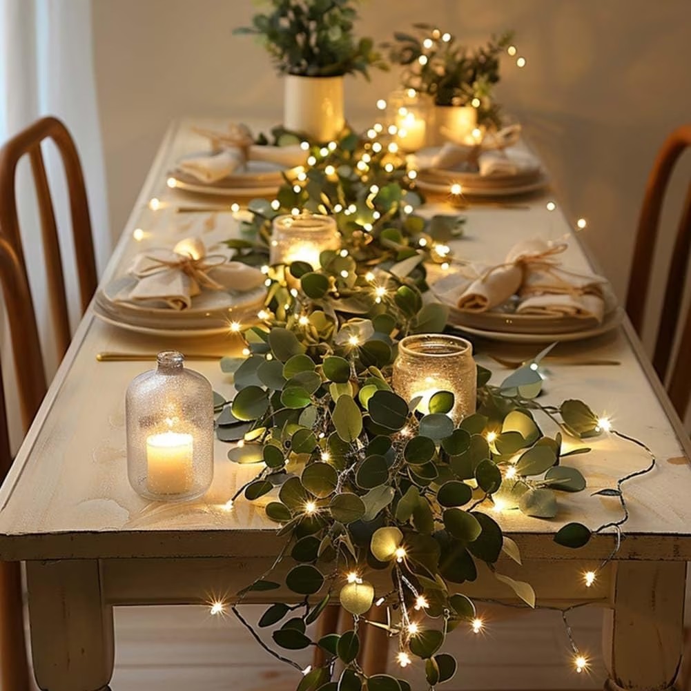 2-Set Eucalyptus Leaf String Lights – 30 LED Warm White Lights with Wreath Garland for Holiday Decor