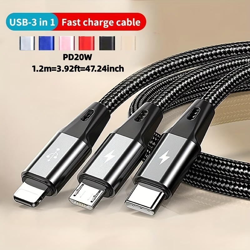3-In-1 Fast Charging USB Cable – 1.2M Nylon Braided Multi-Connector Charging Cable for iPhone, Samsung, Android & Type-C Devices