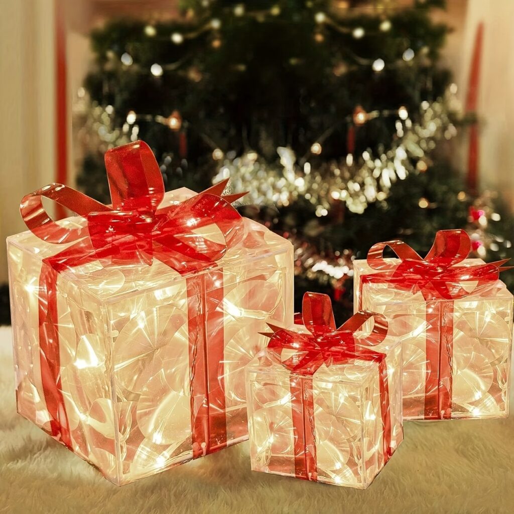 3-Piece Christmas Gift Box Set – Transparent Decorative Gift Boxes with Red Bows