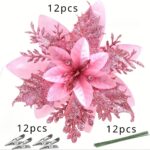 36-Piece Glitter Christmas Floral Ornament Set – 12 Flower Decorations with Clips & Stems - Image 11