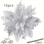 36-Piece Glitter Christmas Floral Ornament Set – 12 Flower Decorations with Clips & Stems - Image 12