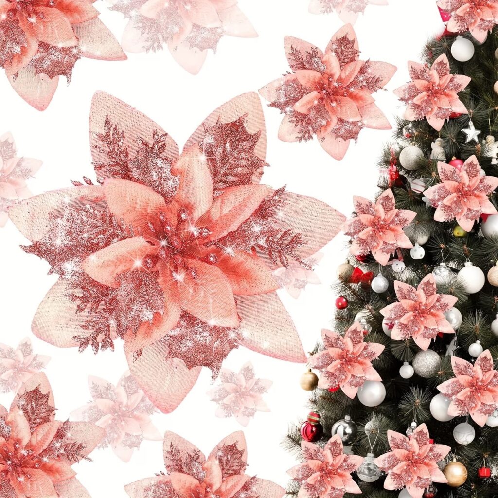 36-Piece Glitter Christmas Floral Ornament Set – 12 Flower Decorations with Clips & Stems