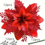 36-Piece Glitter Christmas Floral Ornament Set – 12 Flower Decorations with Clips & Stems - Image 2