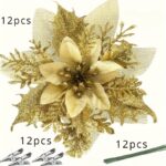 36-Piece Glitter Christmas Floral Ornament Set – 12 Flower Decorations with Clips & Stems - Image 3