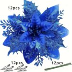 36-Piece Glitter Christmas Floral Ornament Set – 12 Flower Decorations with Clips & Stems - Image 6