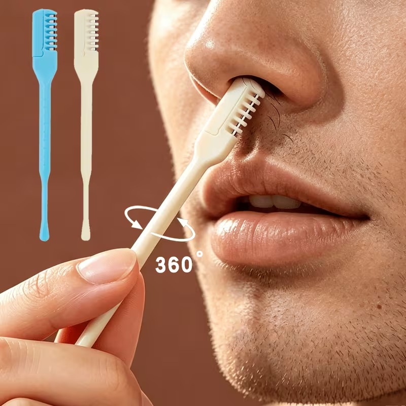 360° Rotating Dual-Head Nose Hair TrimmerCleaner, Stainless Steel, Safe Nose Hair Removal, Portable Grooming Tool with Soft Bristles, Rinseable