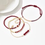 4-Piece Women's Wine-Red Seed Bead Bracelet Set – Vintage-Inspired Handmade Layered Bracelets with Gold-Tone Accents - Image 3