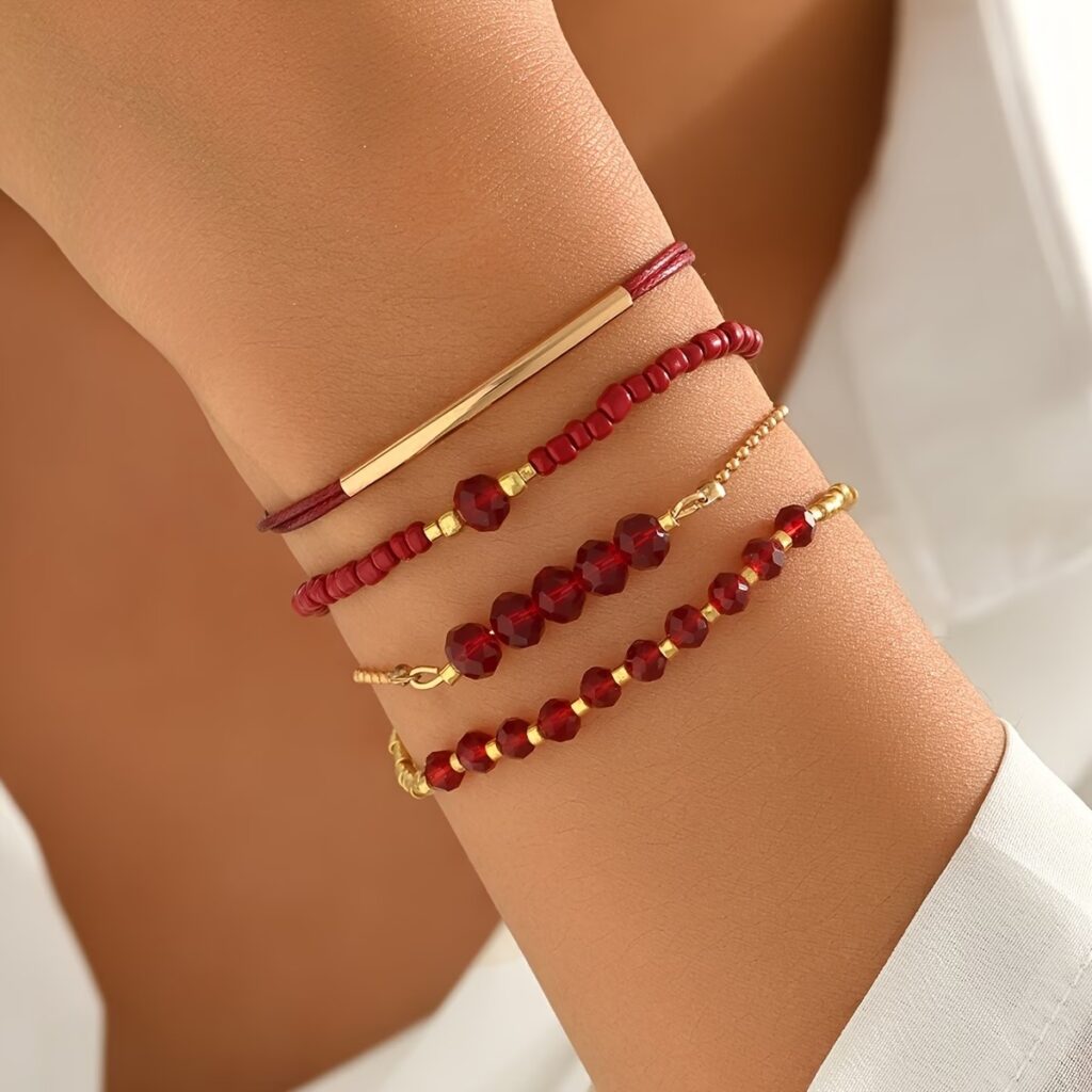 4-Piece Women's Wine-Red Seed Bead Bracelet Set – Vintage-Inspired Handmade Layered Bracelets with Gold-Tone Accents