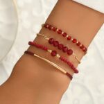 4-Piece Women's Wine-Red Seed Bead Bracelet Set – Vintage-Inspired Handmade Layered Bracelets with Gold-Tone Accents - Image 6