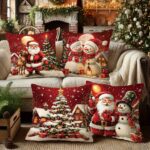 4pcs Christmas Reindeer Snowman Santa Pillow Covers – Double-Sided Printed Holiday Cushion Cases for Home Decor