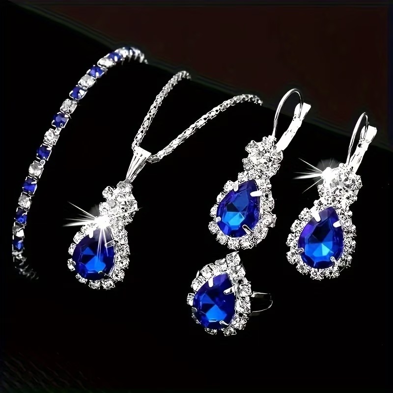 5-Piece Elegant Blue Crystal Jewelry Set – Necklace, Bracelet, Earrings & Ring for Women