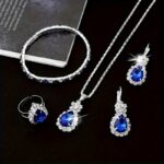 5-Piece Elegant Blue Crystal Jewelry Set – Necklace, Bracelet, Earrings & Ring for Women - Image 3