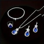 5-Piece Elegant Blue Crystal Jewelry Set – Necklace, Bracelet, Earrings & Ring for Women - Image 5