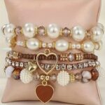 5pcs Vintage Bohemian-Style Heart-Shaped Imitation Pearl Rhinestone Beaded Bracelet Set