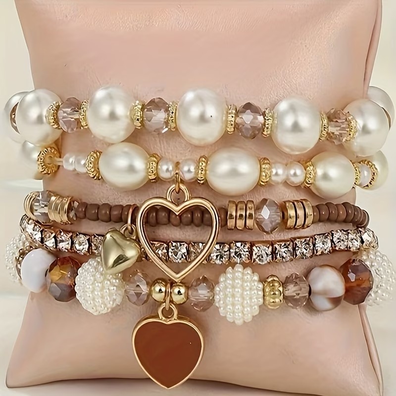5pcs Vintage Bohemian-Style Heart-Shaped Imitation Pearl Rhinestone Beaded Bracelet Set