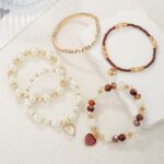 5pcs Vintage Bohemian-Style Heart-Shaped Imitation Pearl Rhinestone Beaded Bracelet Set