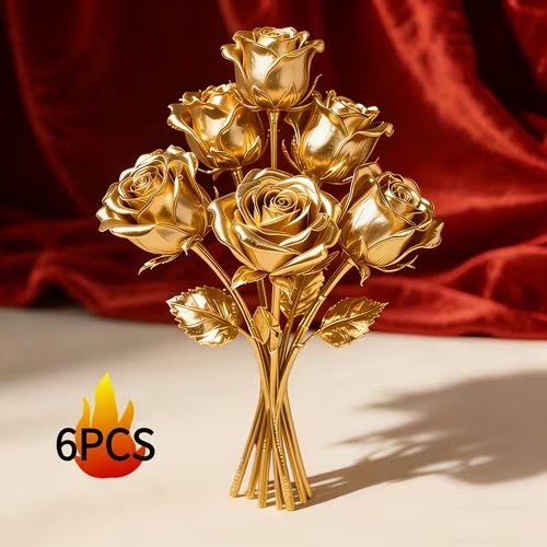 6pcs Faux Golden Rose Stems – Realistic Artificial Flowers for Home, Party & Holiday Decoration