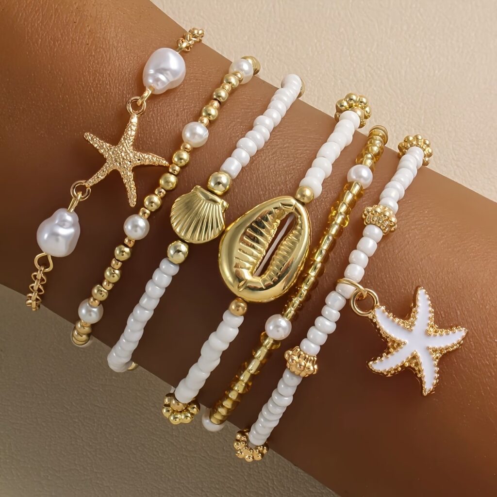 6pcs Retro Beach Style Starfish & Beaded Bracelet Set