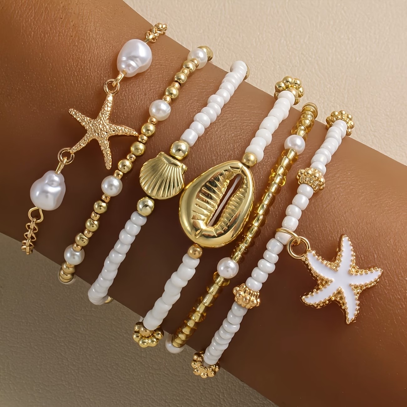 6pcs Retro Beach Style Starfish & Beaded Bracelet Set (3) 6pcs Retro Beach Style Starfish & Beaded Bracelet Set