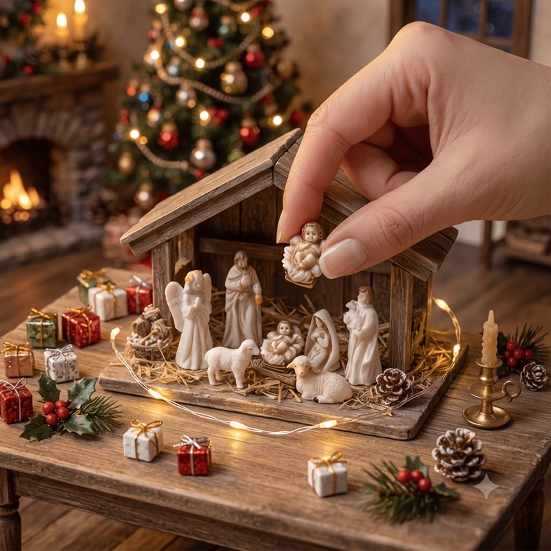7pcs Miniature Nativity Scene Set – Holy Family Figurines with Shepherd, Angel & Sheep Christmas Religious Decor