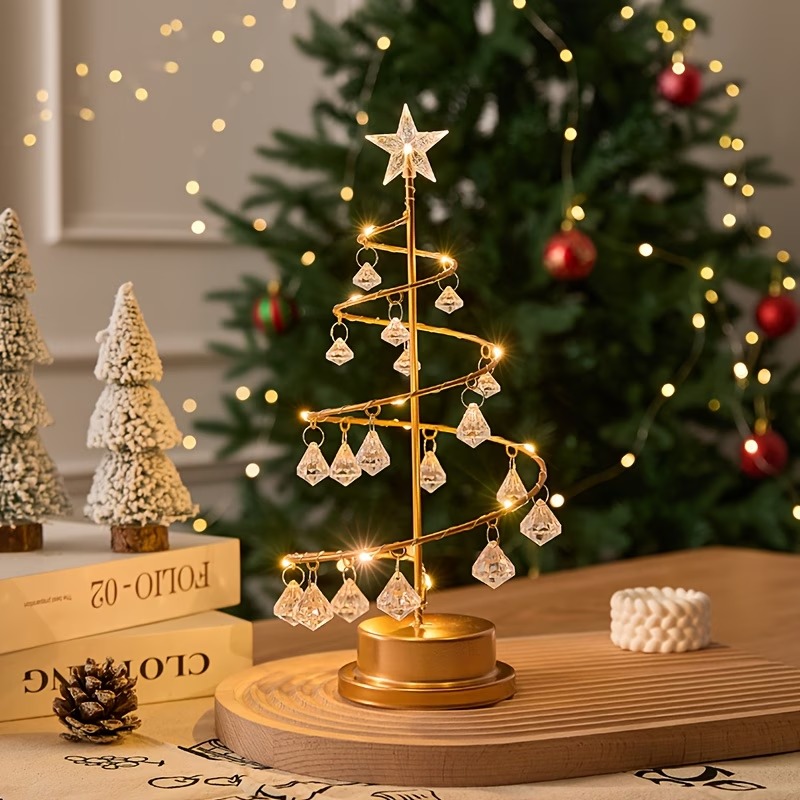 Christmas Tree Copper Wire Night Light – Crystal Pendant Holiday Table Decor