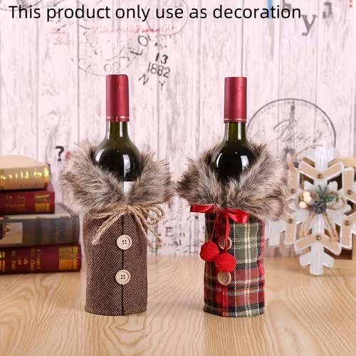 Christmas Wine Bottle Decorative Cover – Burlap Sleeve with Faux Fur Collar for Holiday Decor