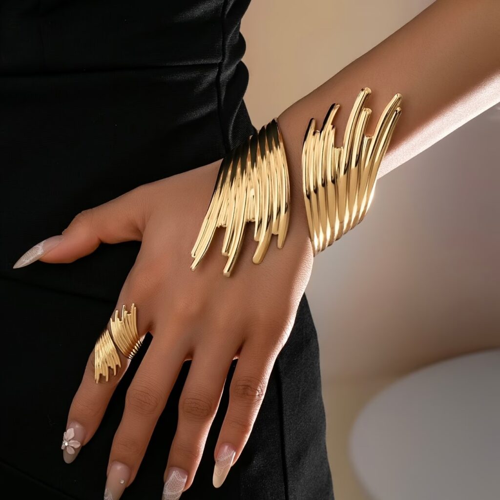 Fashionable Textured Wing Bracelet and Ring Set