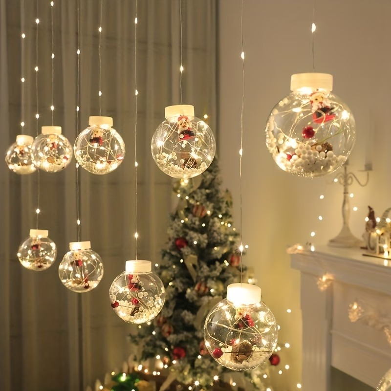 LED Christmas Curtain Lights with Wishing Ball & Snowman Tree Hanging Decorations – 3m Holiday Window Lights for Home & Party