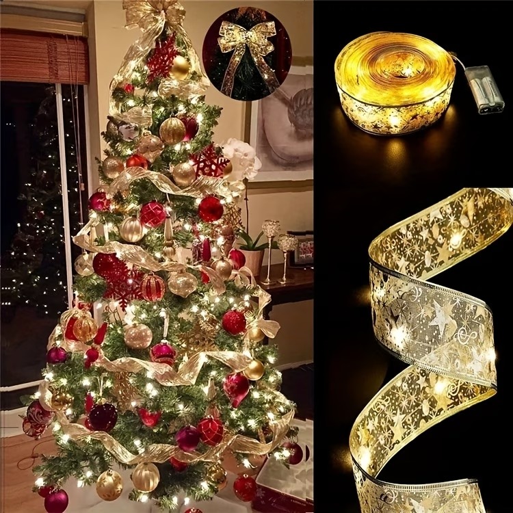 LED Christmas Tree Ribbon Lights – Golden Sparkling Wave Design with 2050 LEDs, Battery-Powered