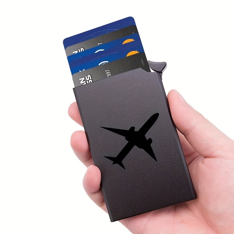 Men’s Slim RFID-Blocking Pop-Up Card Holder Wallet, Aluminum Metal Case, Anti-Theft Credit Card Holder with Airplane Print