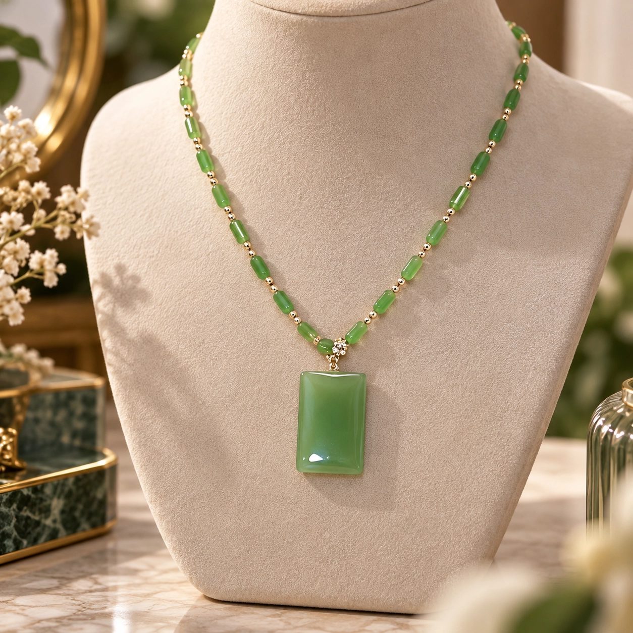 NATG794 High-End Green Pendant Necklace – Elegant Beaded Chain with Rectangular Pendant for Daily Wear & Christmas Gifts - Image 1