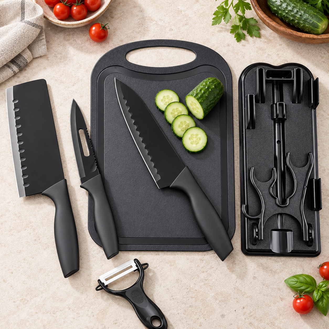 NATG826 5pcs Black Kitchen Knife Set with Cutting Board - Image 1