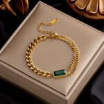 Stainless Steel Synthetic Gem Square Chain Bracelet – Trendy Fashion Jewelry for Women & Men